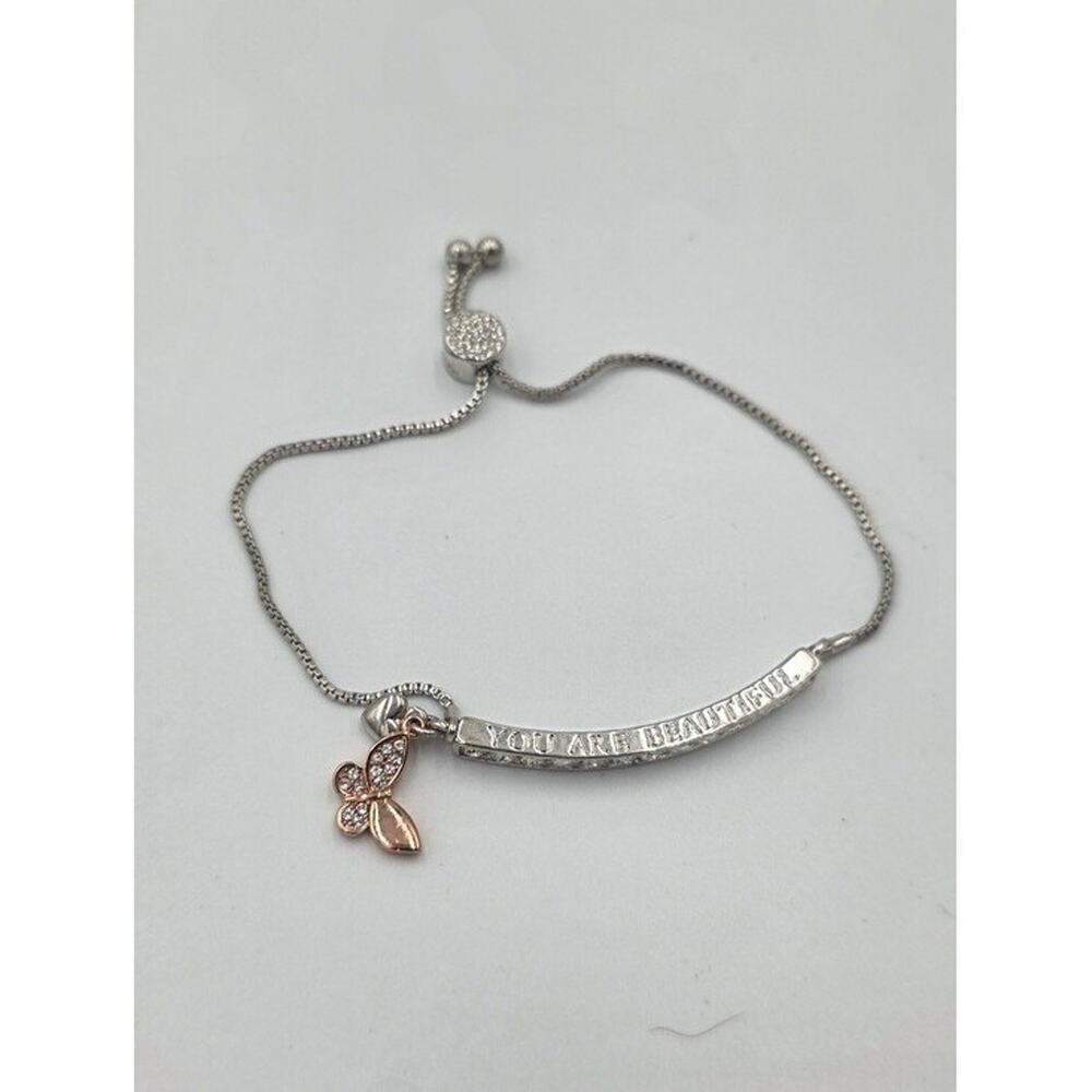 You Are Beautiful Silver Bracelet Rose Gold Swaraovski Crystal Butterfly Charm